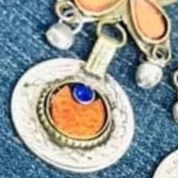 Orange Glass Stone Coins Earrings, Kuchi Floral Design Dangle Earrings, Bohemian - Picture 6 of 6